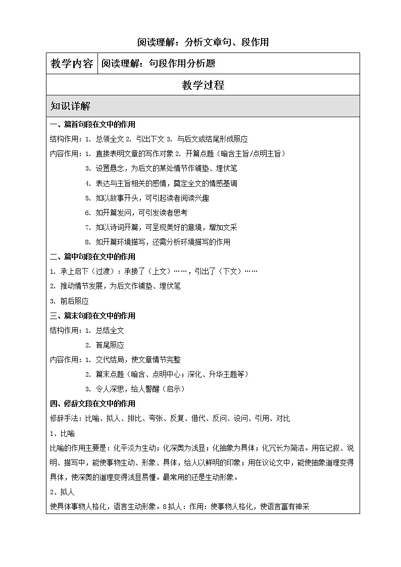 2022年中考语文二轮专题复习:阅读理解——分析文章句、段作用教案第1页