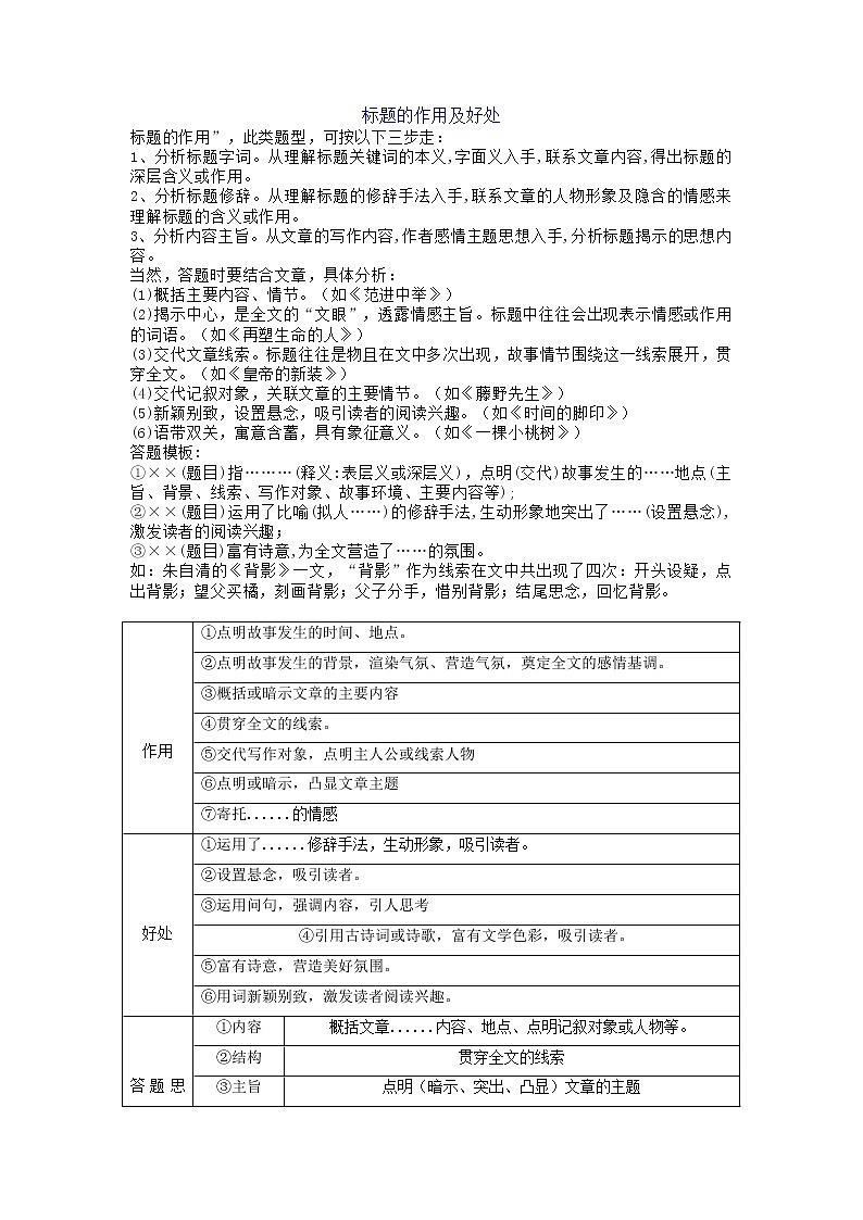 2022年中考语文一轮复习:记叙文阅读——标题的作用教案第1页