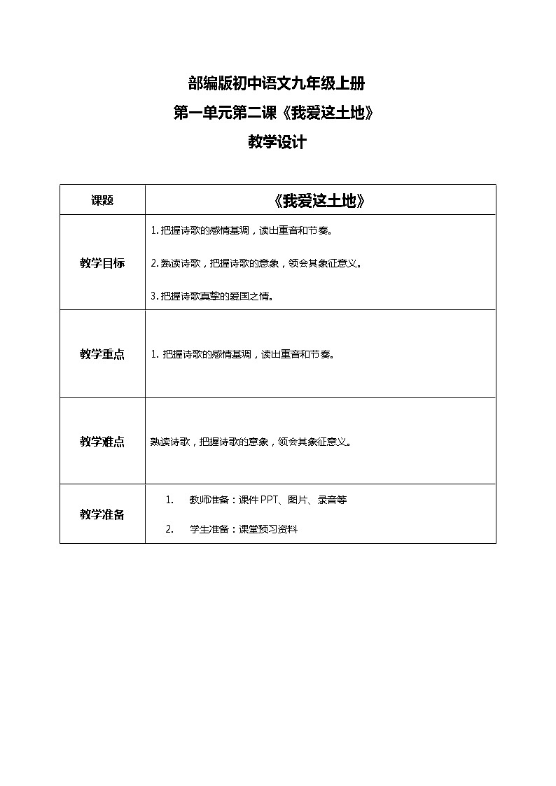 部编版初中语文九上第一单元《我爱这土地》课件、教案+朗读视频01