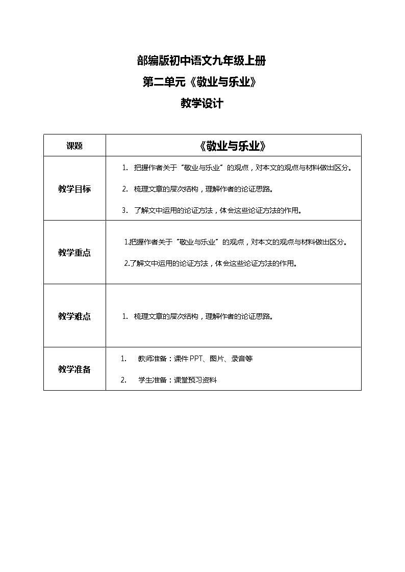 部编版初中语文九上第二单元《敬业与乐业》课件+教学设计01