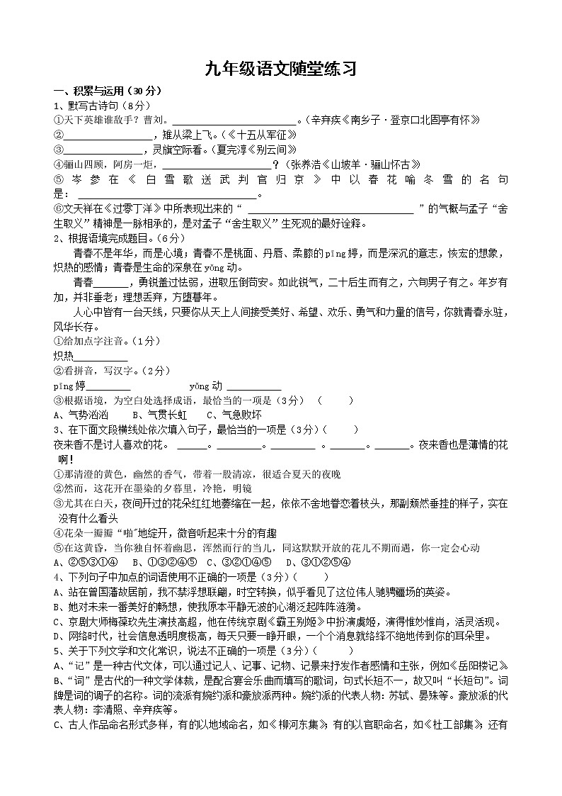 九年级语文随堂练习第1页