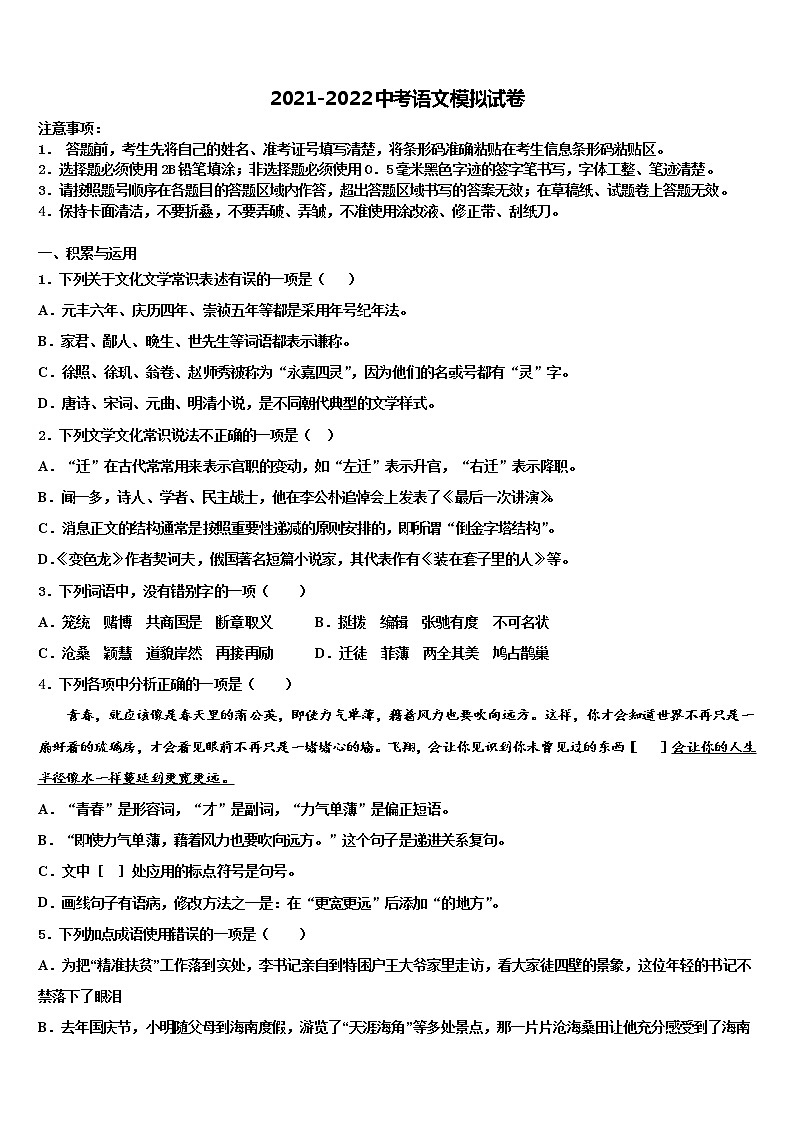 2021-2022学年北京市人大附中朝阳校中考语文对点突破模拟试卷含解析01