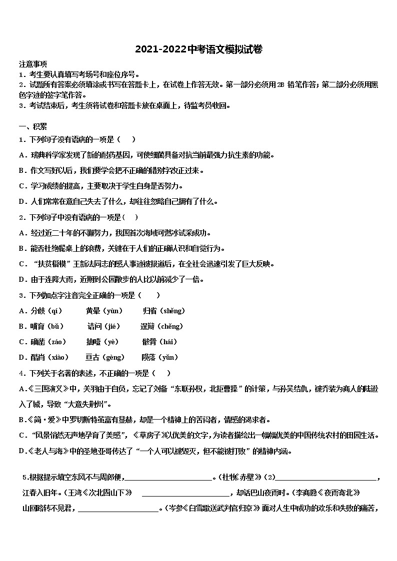 2021-2022学年福建省泉州市洛江区南片区中考一模语文试题含解析01