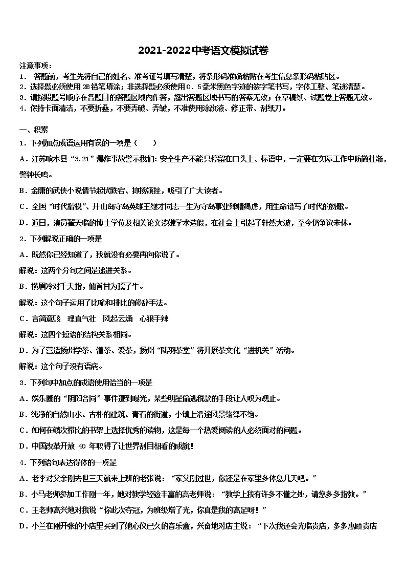 2021-2022学年衡水市重点中学中考语文适应性模拟试题含解析01
