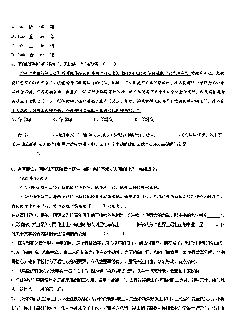2021-2022学年江苏省南京市溧水县重点名校中考语文全真模拟试题含解析02