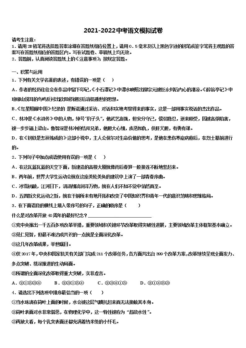 2021-2022学年山东省滨州市博兴县达标名校中考适应性考试语文试题含解析01