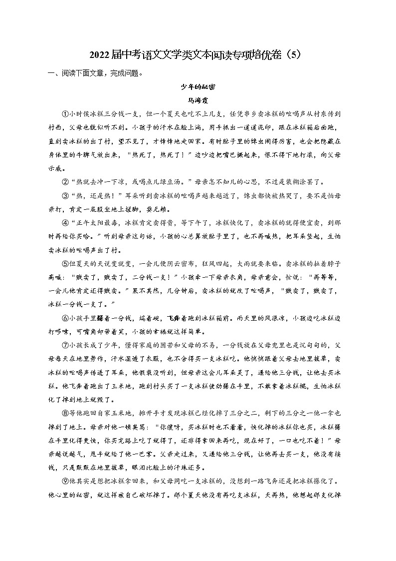 2022届中考语文文学类文本阅读专项培优卷(5)第1页