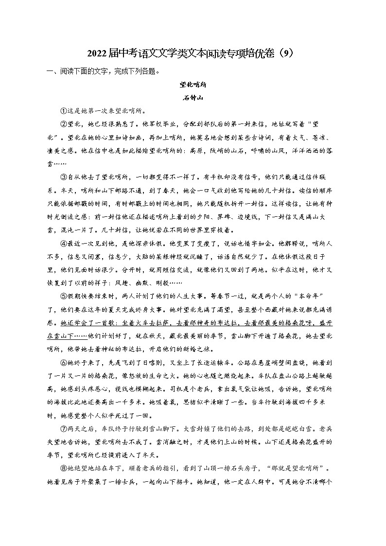 2022届中考语文文学类文本阅读专项培优卷(9)第1页