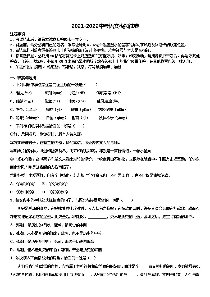 陕西省陕西师范大附属中学2022年中考语文全真模拟试卷含解析01