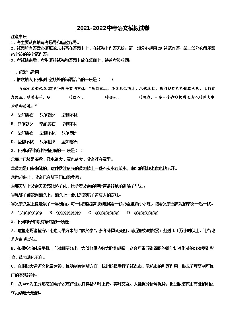 四川省乐山第七中学2021-2022学年中考语文适应性模拟试题含解析第1页