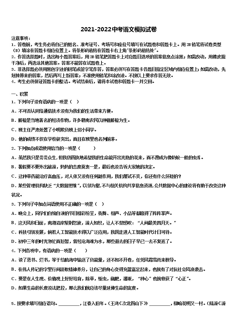 安徽省阜阳颍东区四校联考2022年中考语文最后冲刺模拟试卷含解析01