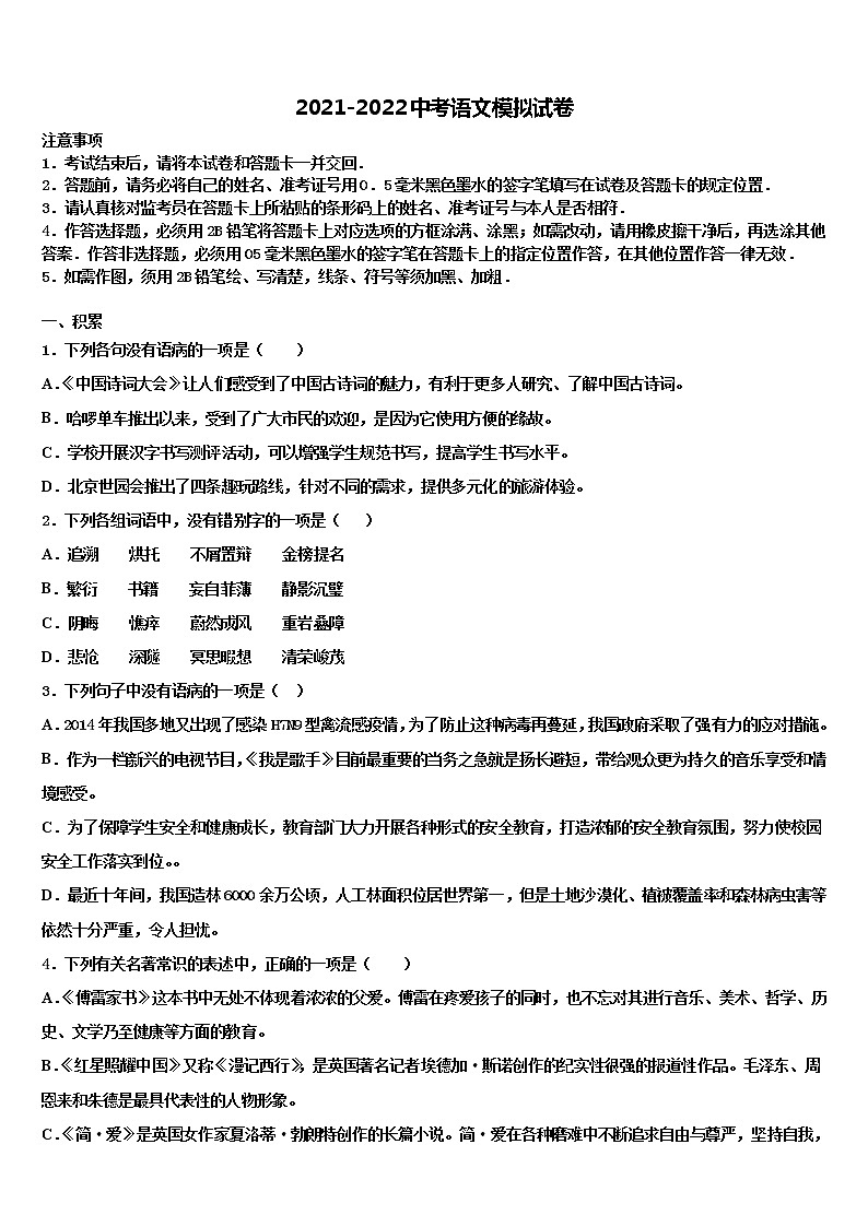 湖南省益阳市名校2022年中考冲刺卷语文试题含解析01
