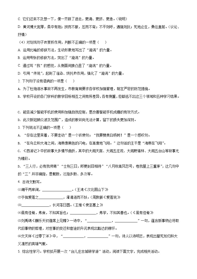 精品解析:2021年山东省枣庄市台儿庄区中考二模语文试题(解析版+原卷板)02