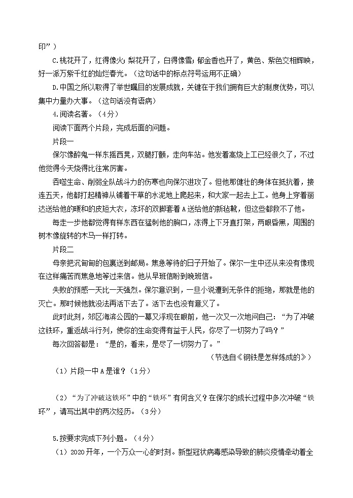 2020年山东省威海乳山市(五四制)中考模拟语文试题(二)及答案02