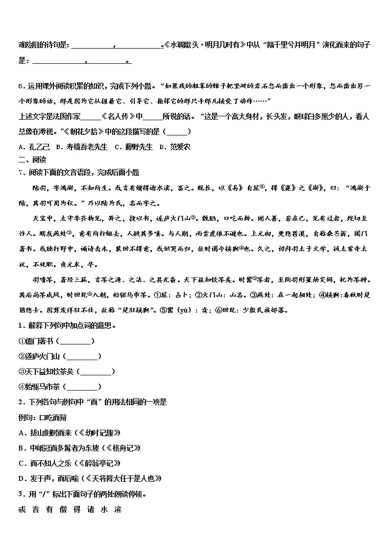 2022年福建省沙县重点达标名校中考联考语文试题含解析02