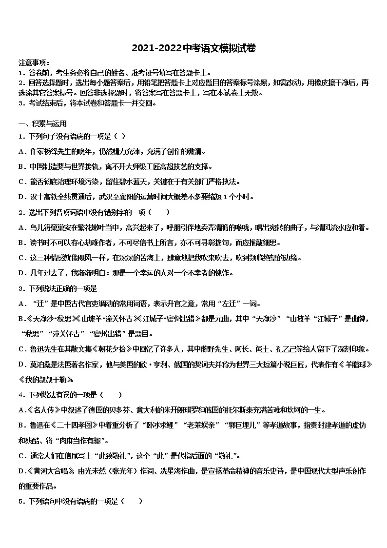 2022年浙江省杭州市经济开发区中考语文模拟试题含解析01