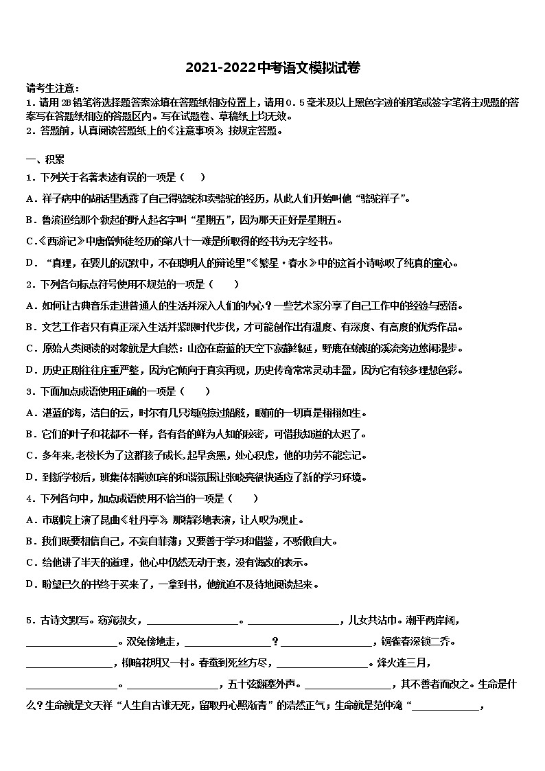 2022年山东省潍坊诸城市达标名校中考语文对点突破模拟试卷含解析01