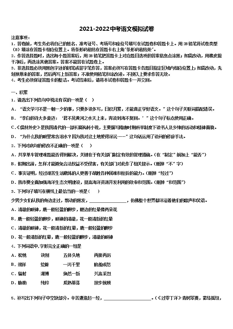 2022届山东省临沂市兰山区部分校毕业升学考试模拟卷语文卷含解析第1页