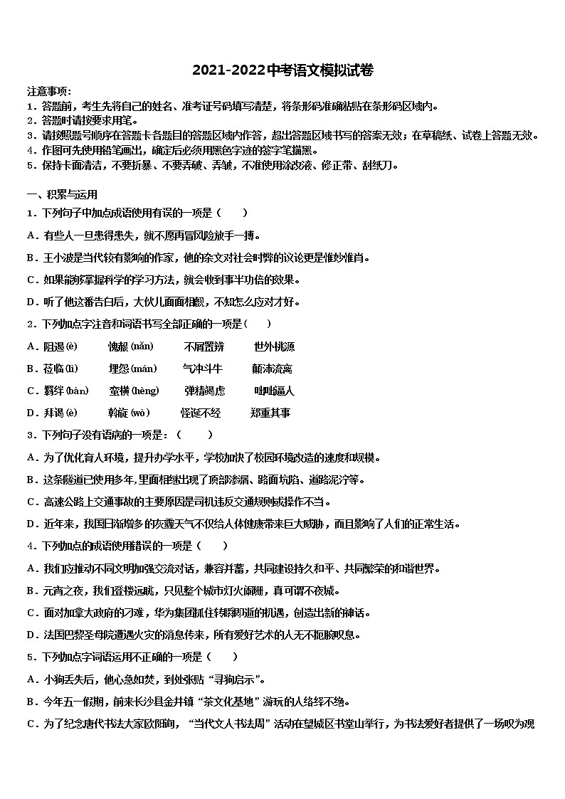 2021-2022学年四川省眉山市东坡中学中考语文模拟试题含解析01