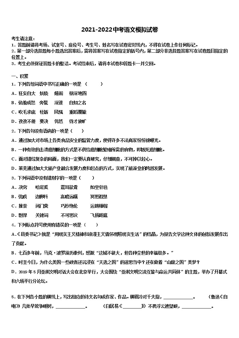 2022届安徽省沿淮教育联盟中考语文猜题卷含解析01