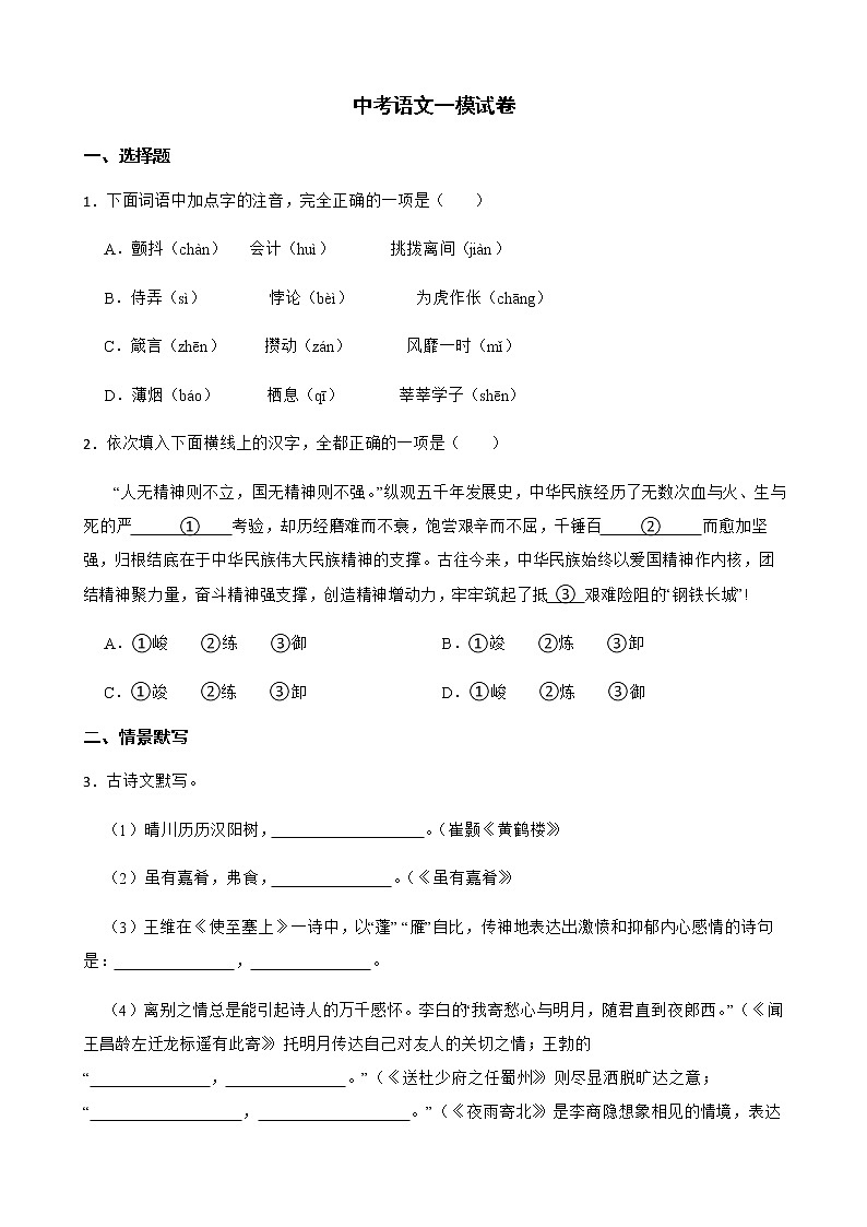 2022届河南省南阳市中考语文一模试卷解析版01