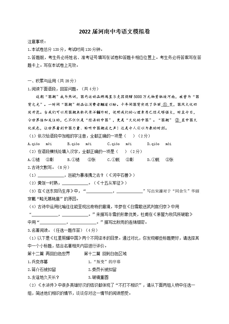 2022年河南省中考语文模拟卷(word版含答案)01