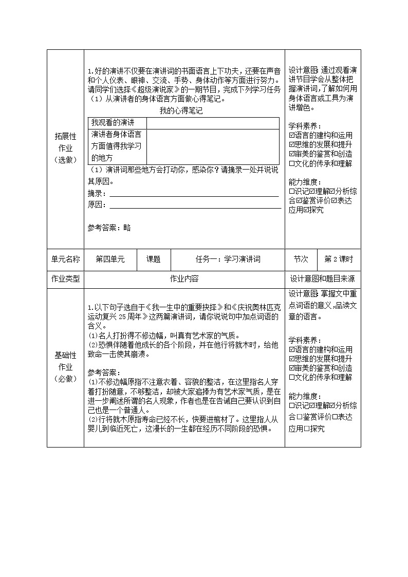 第四单元学习演讲词 作业设计2021-2022学年部编版语文八年级下册教案第3页