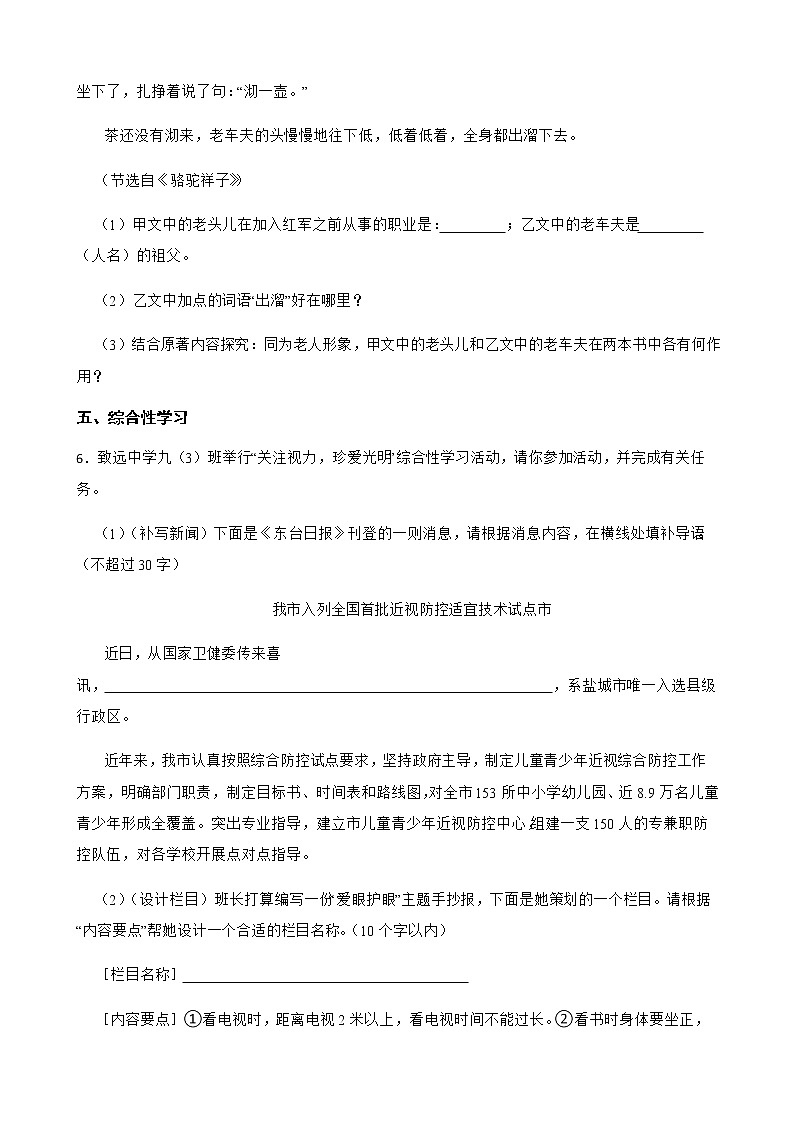 2022届江苏省盐城市东台市中考语文一模试卷解析版03
