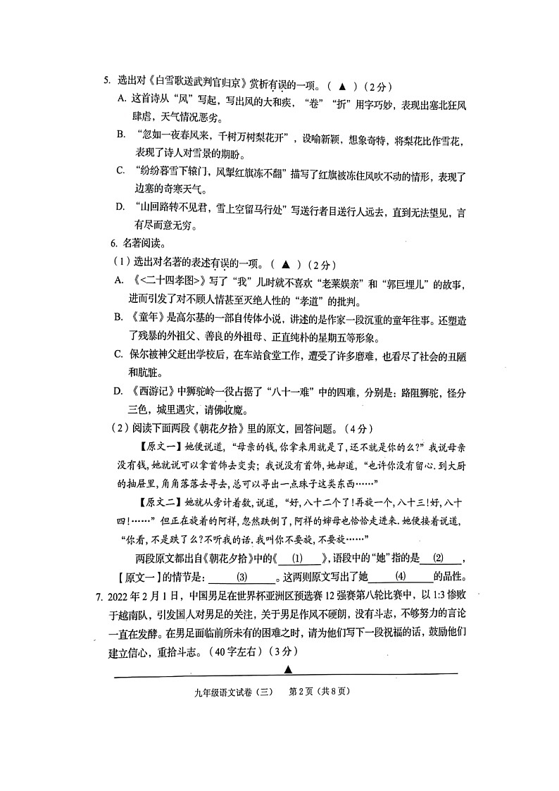 辽宁省抚顺市新抚区2021-2022学年九年级下学期教学质量检测(三)语文试题第2页