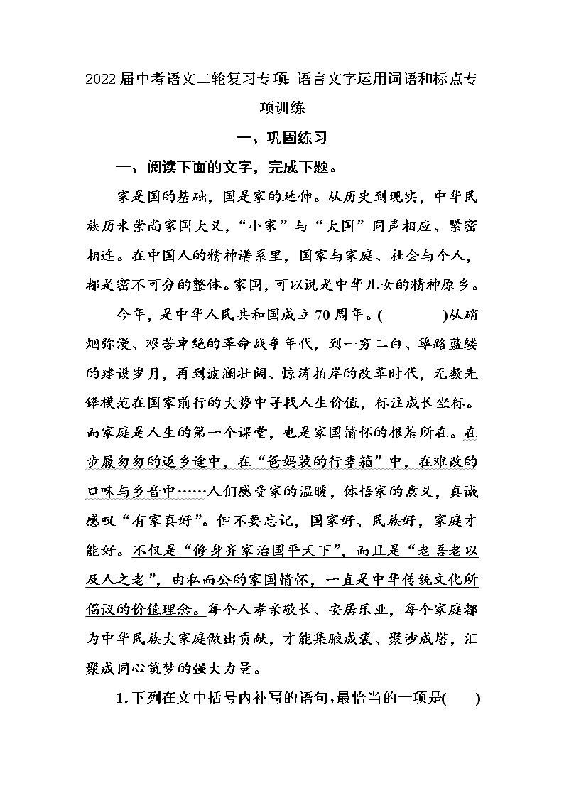 2022年中考语文二轮复习专项:语言文字运用词语和标点专项训练01