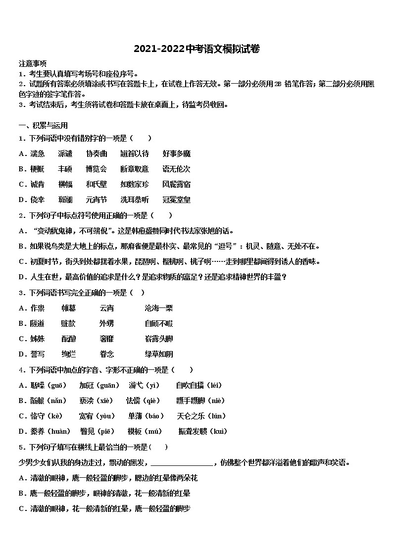 2021-2022学年湖南省岳阳市城区中考语文仿真试卷含解析01