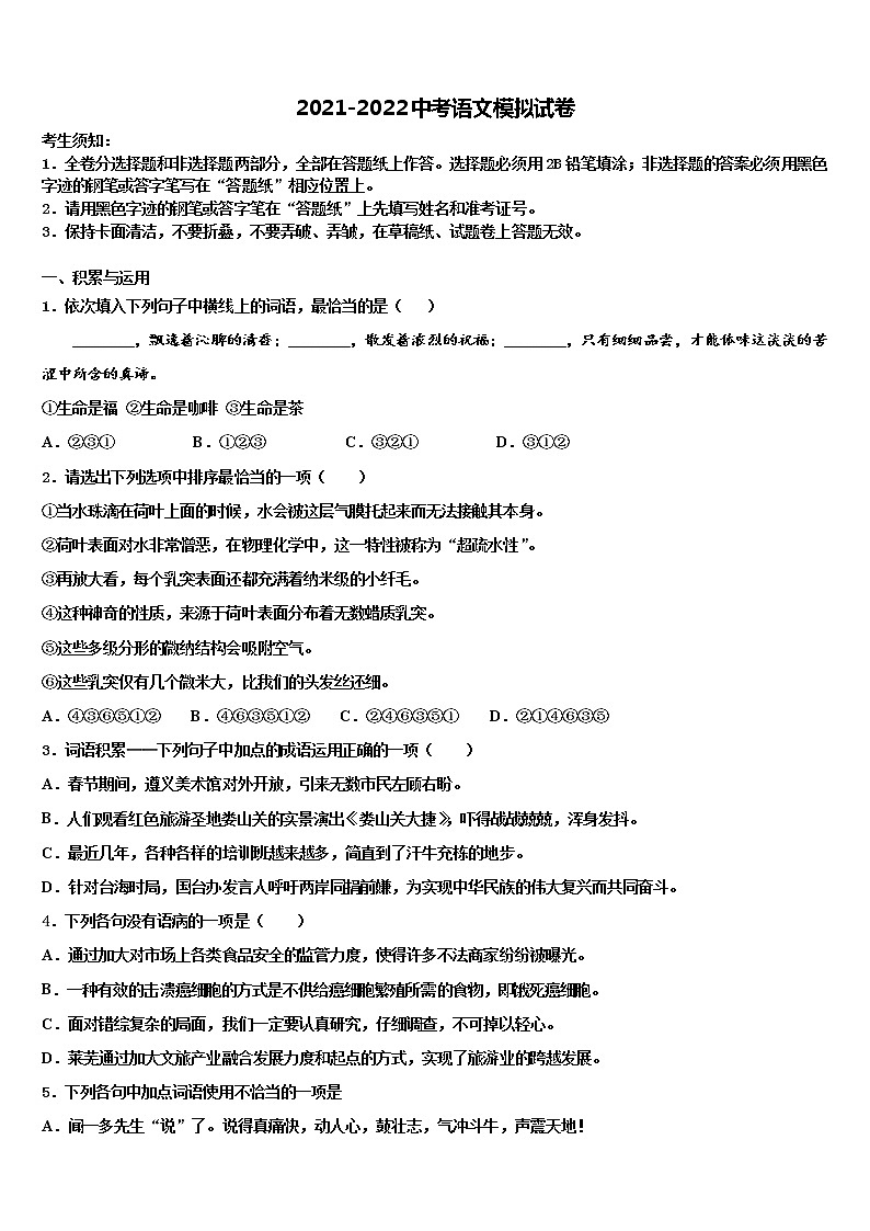 2021-2022学年新疆伊宁市第七中学重点达标名校中考联考语文试卷含解析01