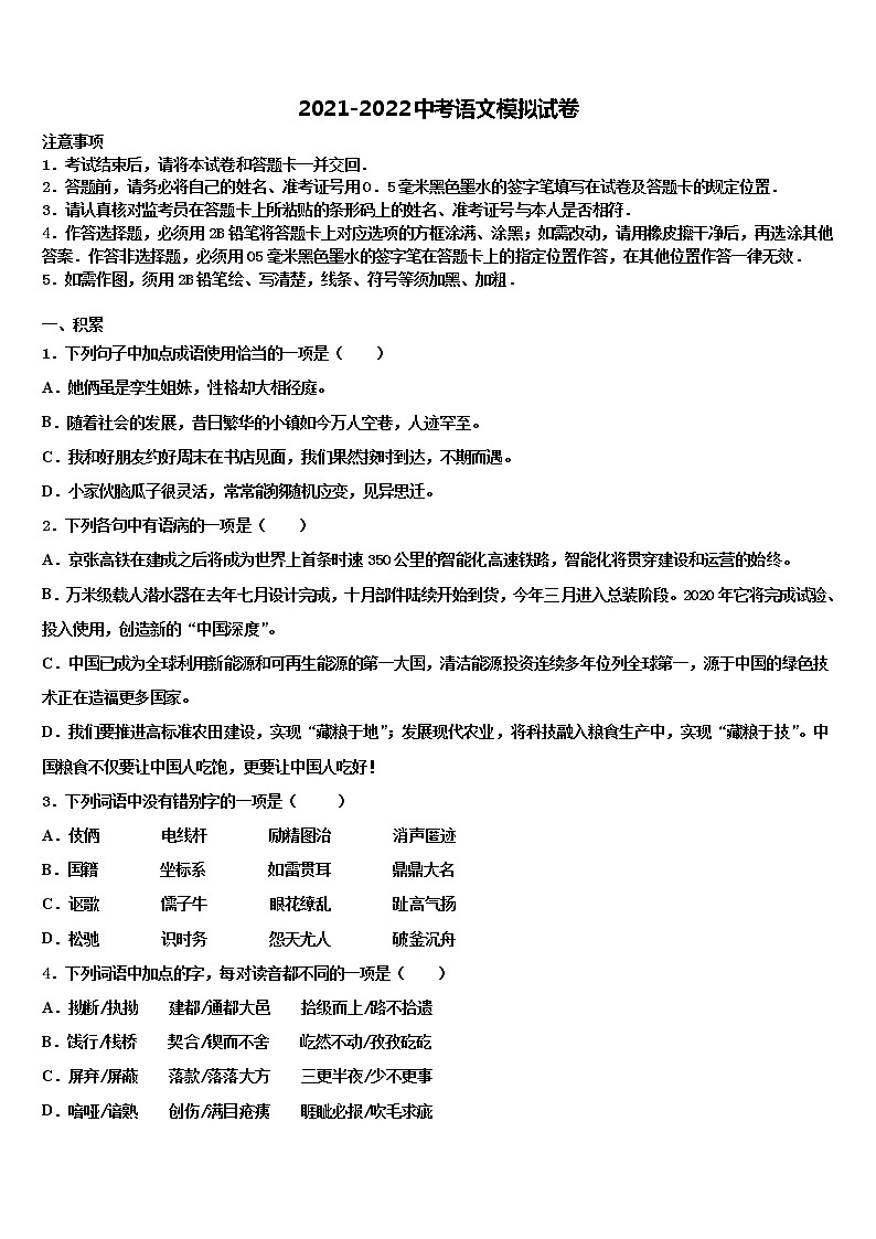 2021-2022学年四川省遂宁市第二中学中考语文适应性模拟试题含解析第1页
