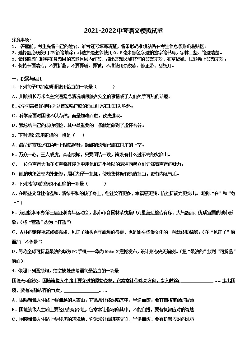 2021-2022学年四川省阆中学市重点名校中考考前最后一卷语文试卷含解析01