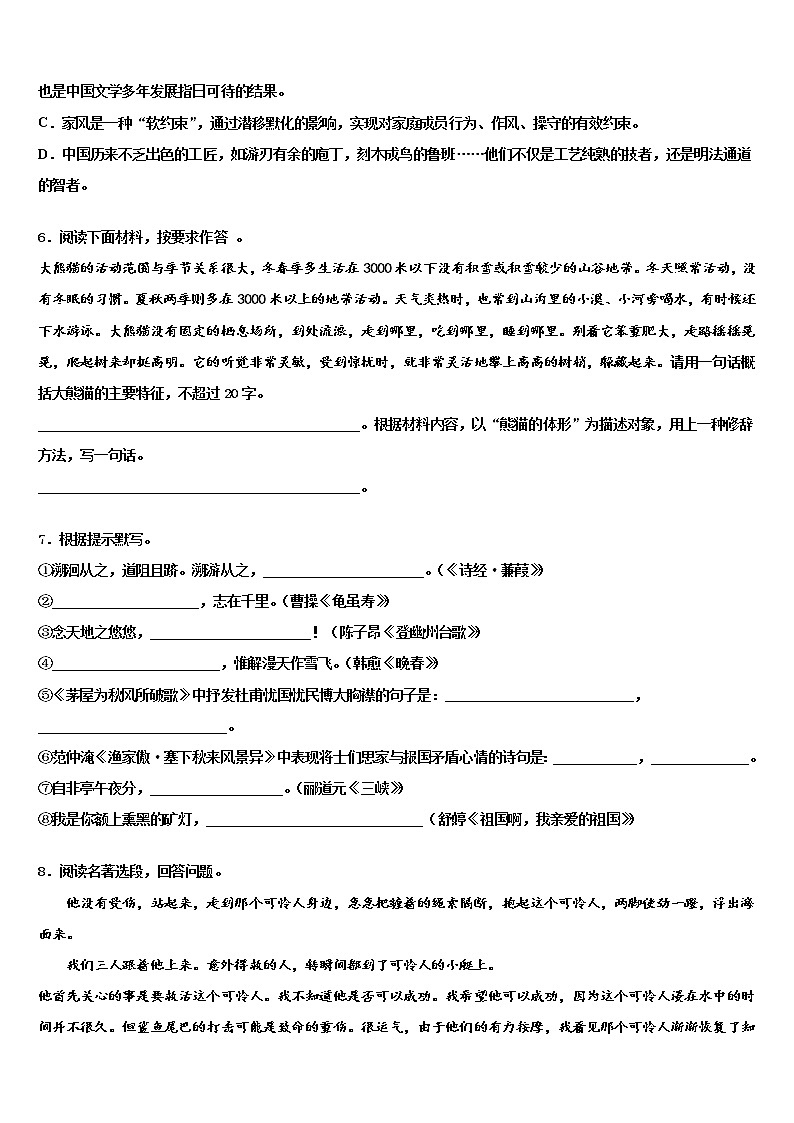 2021-2022学年威海市市级名校毕业升学考试模拟卷语文卷含解析02