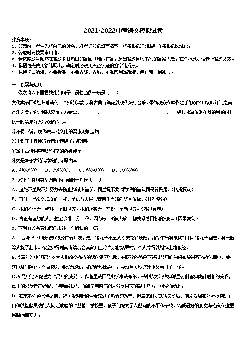2022年大石桥市水源二中中考语文适应性模拟试题含解析第1页