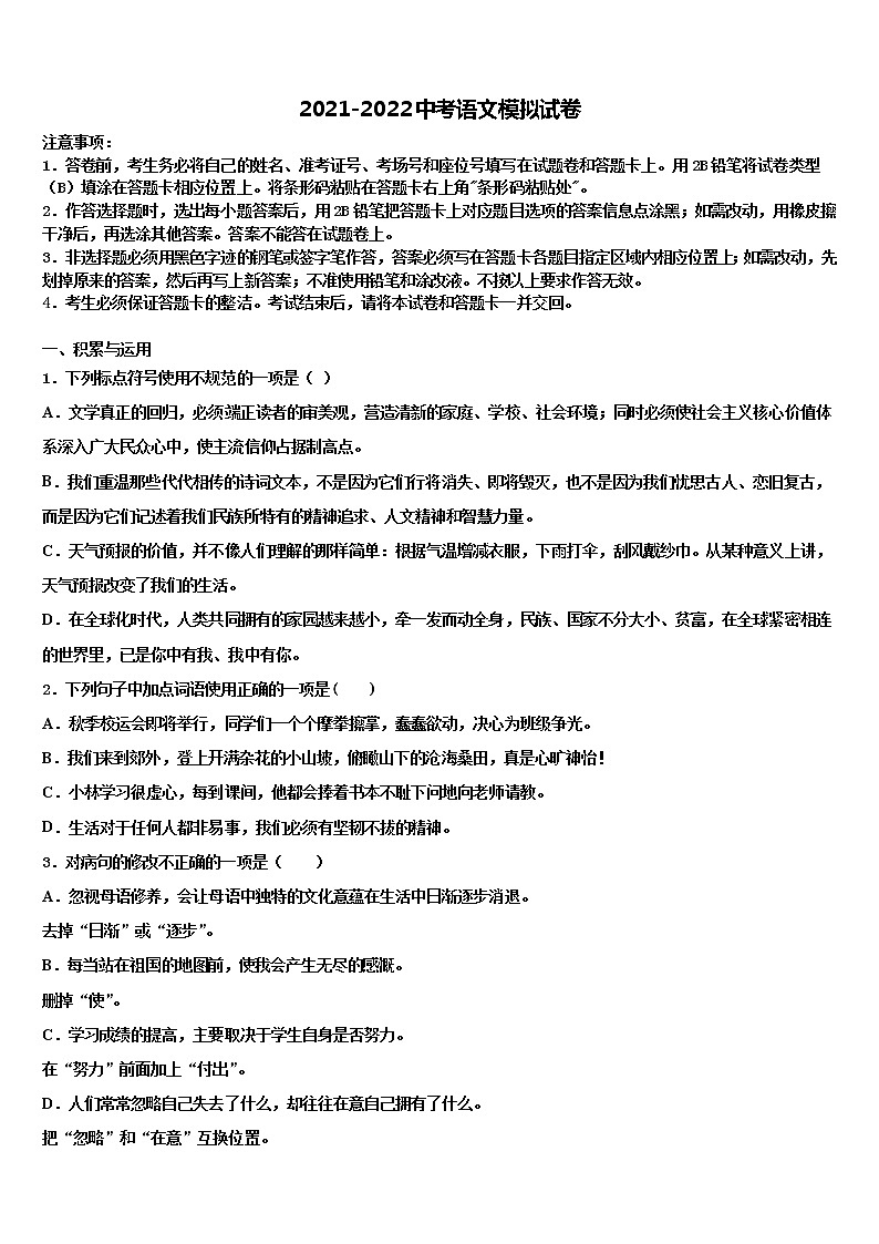 2022届江苏省无锡市江阴市南菁高级中学中考适应性考试语文试题含解析01