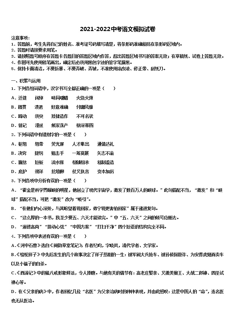 2022届江苏省泰州市常青藤校中考语文模拟试题含解析01