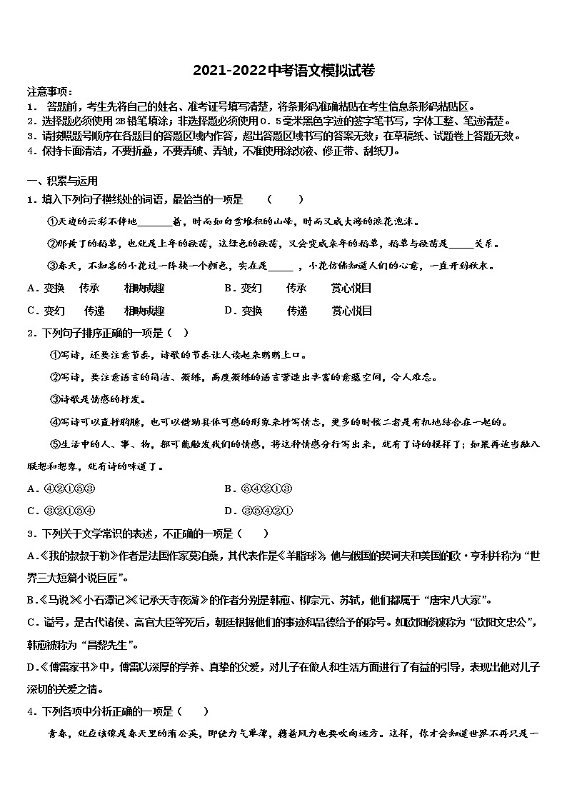 2022届南昌市重点中学中考语文全真模拟试题含解析01
