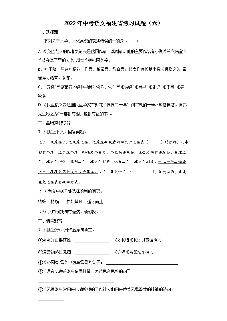 2022年中考语文福建省练习试题(六)第1页