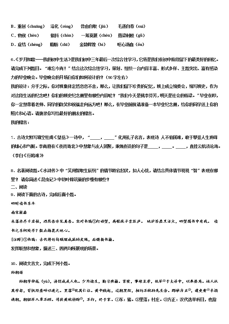 安徽省宿州市埇桥区教育集团重点中学2022年毕业升学考试模拟卷语文卷含解析02