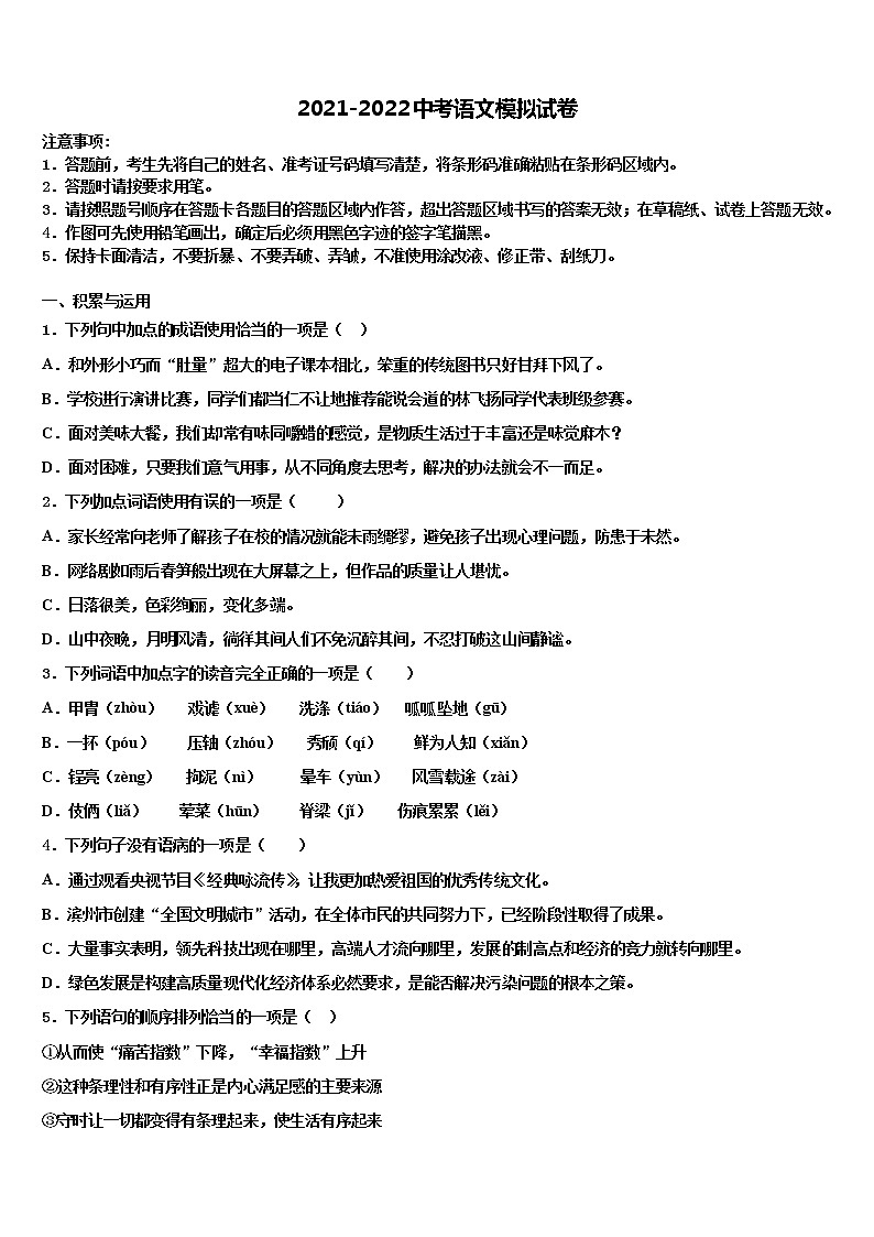 福建省师大平潭附中教研片2021-2022学年中考语文最后冲刺模拟试卷含解析第1页