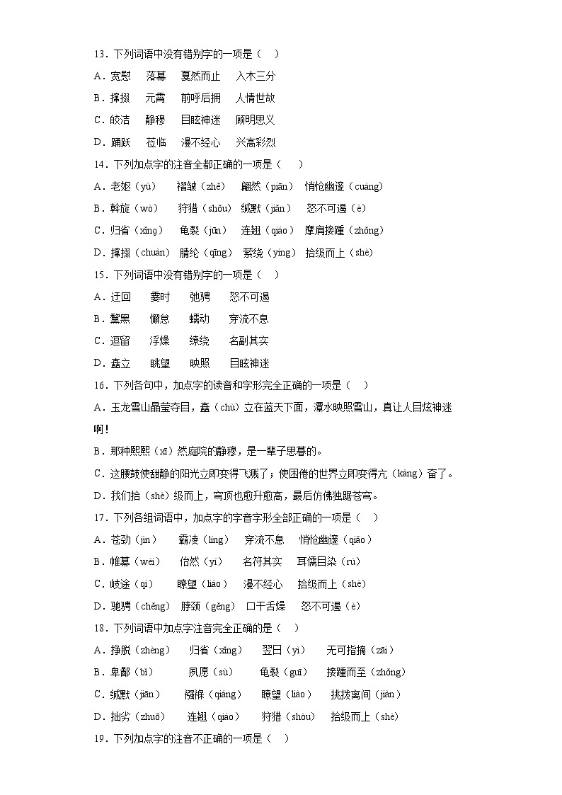 期末复习字音字形选择题专项练  2021-2022学年部编版语文八年级下册03