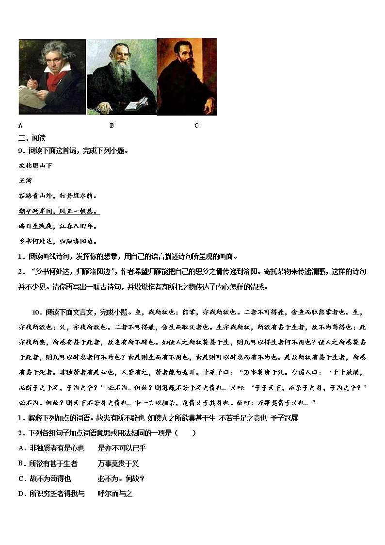 湖北省谷城县达标名校2021-2022学年中考语文仿真试卷含解析03