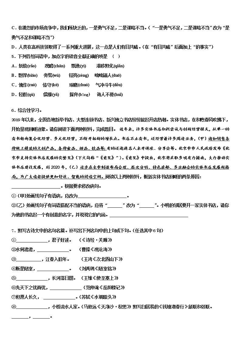 江苏省盐城市大丰区三龙初级中学2022年中考语文最后冲刺模拟试卷含解析第2页