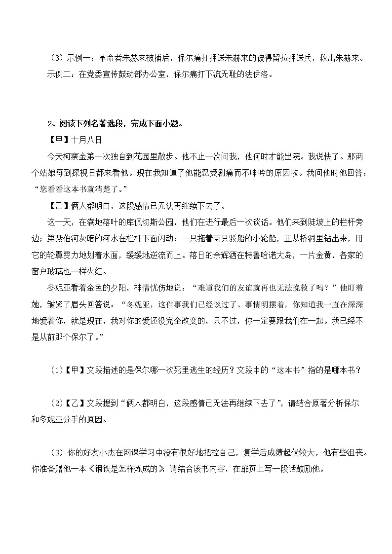 2022年中考名著阅读专题训练:《钢铁是怎样炼成的》(含答案)第2页