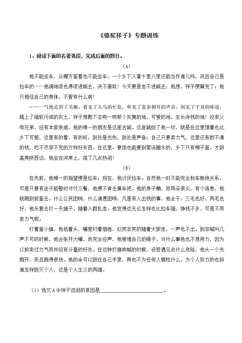 2022年中考名著阅读专题训练:《骆驼祥子》(含答案)第1页