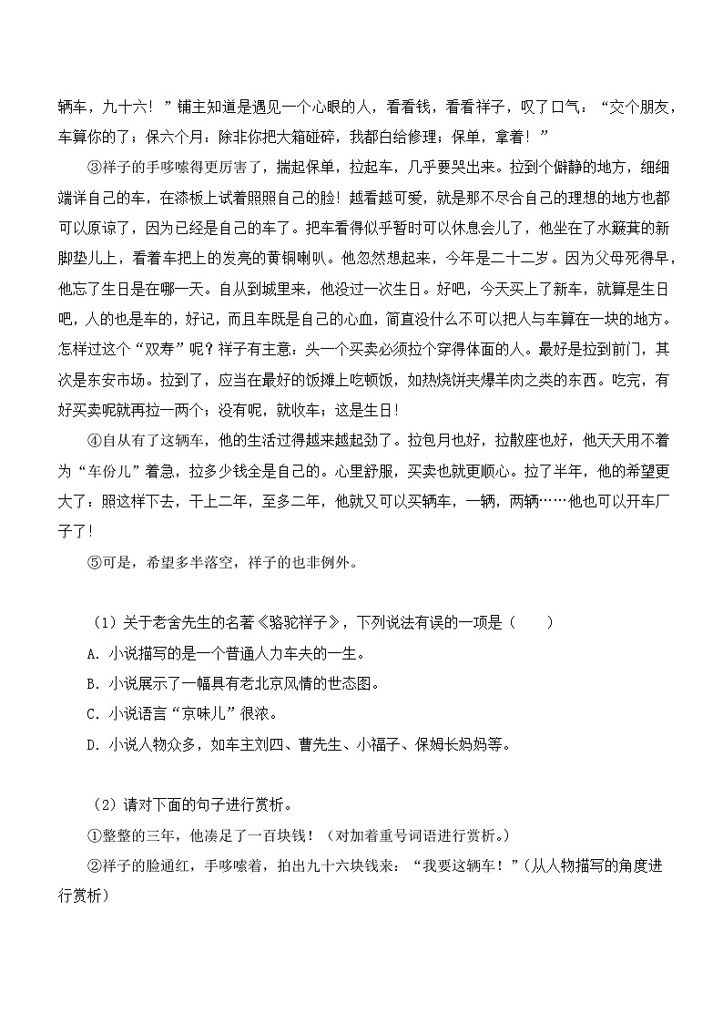2022年中考名著阅读专题训练:《骆驼祥子》(含答案)第3页