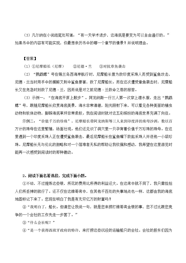 2022年中考名著阅读专题训练:《海底两万里》(含答案)第2页