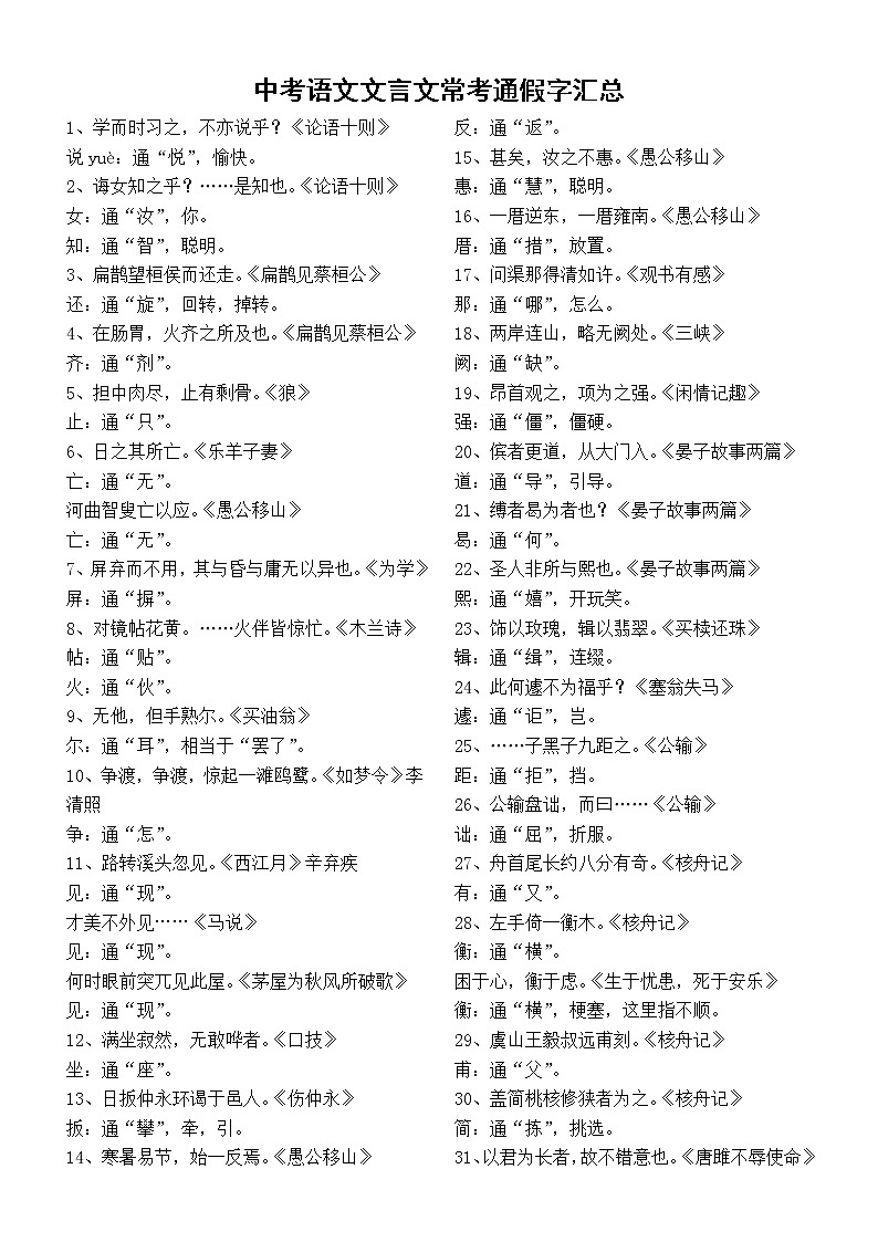 初中语文2022中考复习文言文常考通假字汇总(共59个)第1页